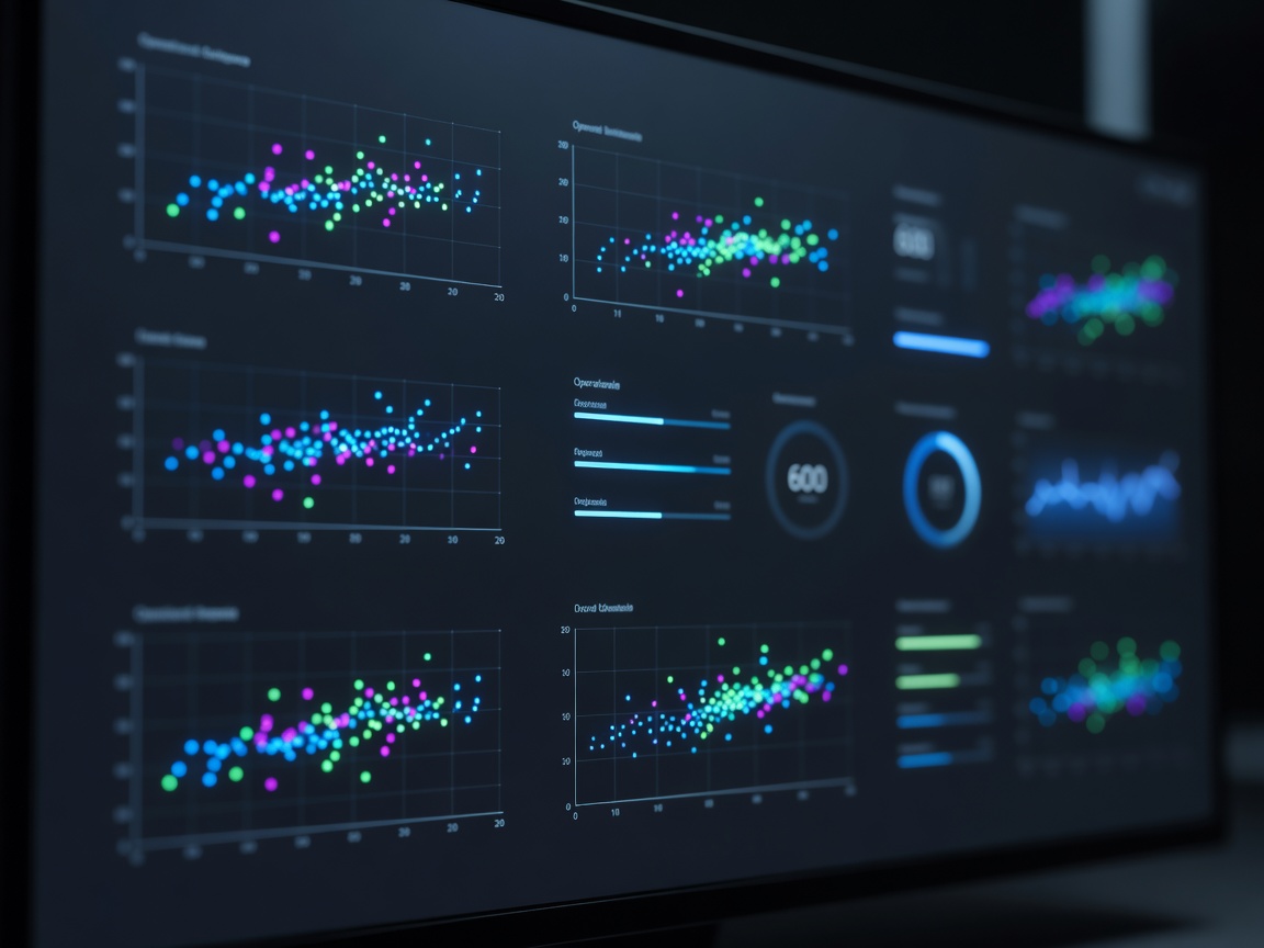 Analytical scatter plots and operational dashboard metrics glowing in a dark interface