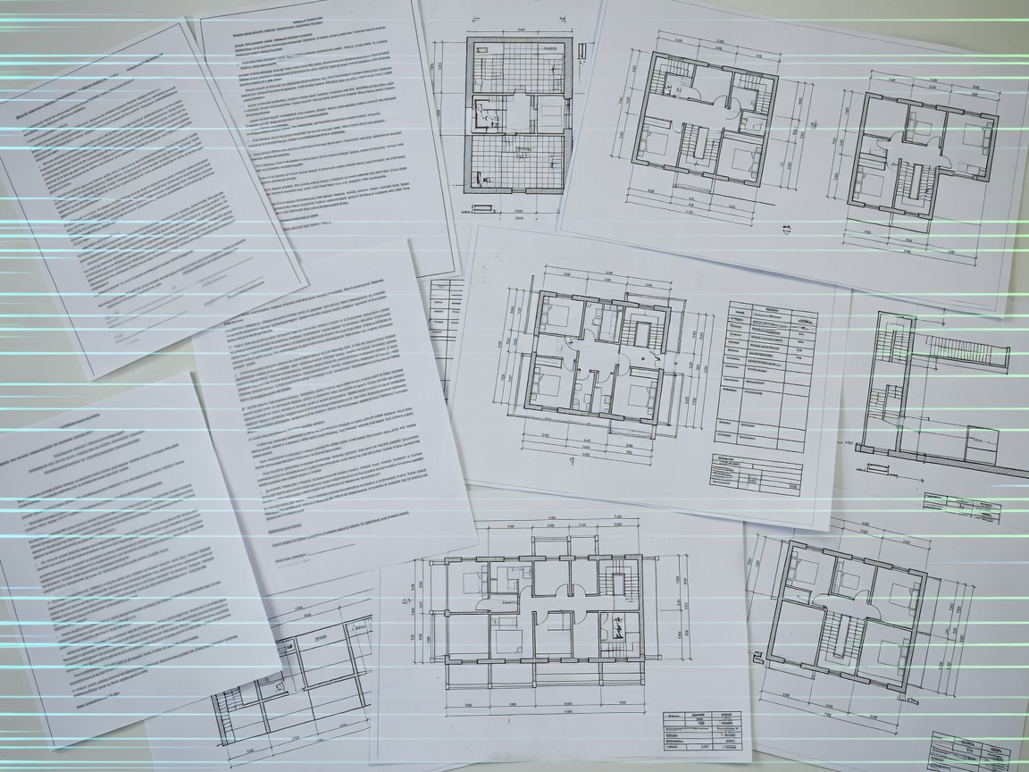 Digital scan lines passing over legal documents and complex architectural drawings